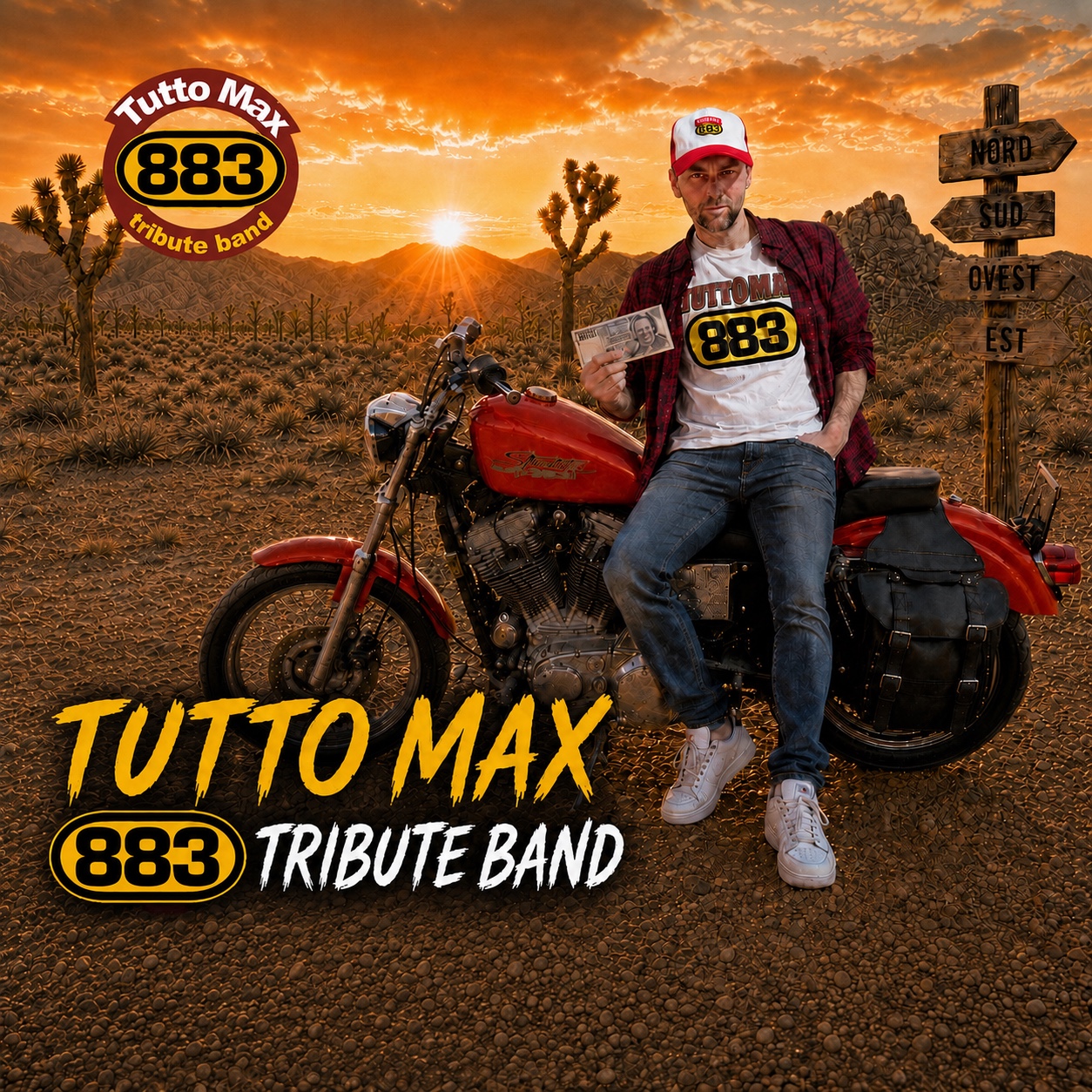 Locandina Tutto Max: protagonista sulla moto, tramonto e indicazioni Nord Sud Ovest Est